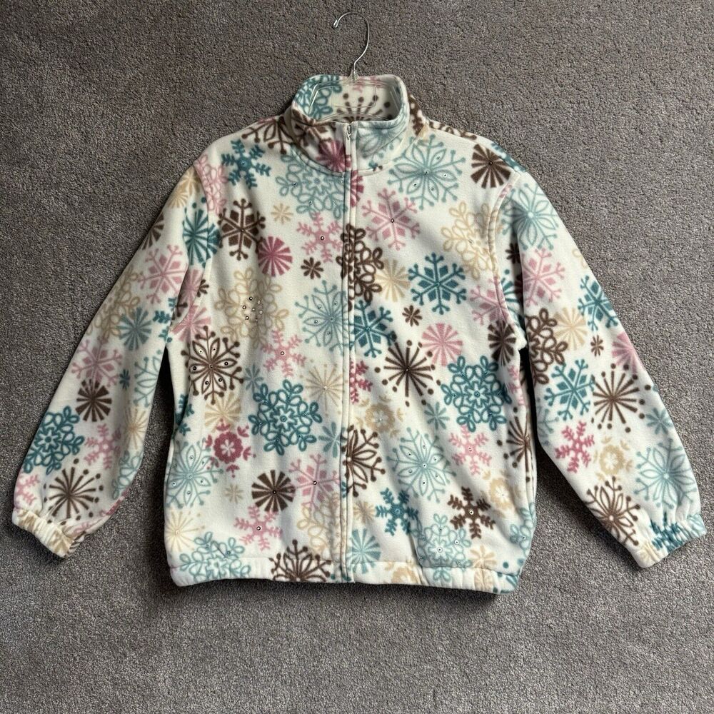 90s Y2K Petite Small Fleece Full Zip Jacket Sequins Beaded Snowflakes Winter